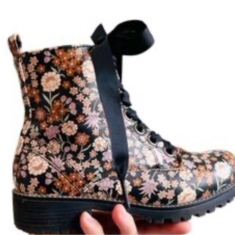 Self Esteem Floral Lace-Up Combat Boots - Black and Brown